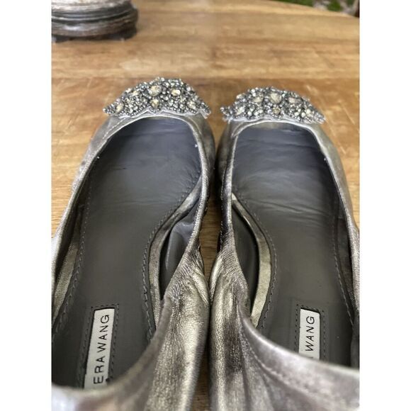 Vera Wang Embellished Silver Leather Peep Toe Ballet Flats 7.5 M Vero Cuoio - Picture 3 of 7